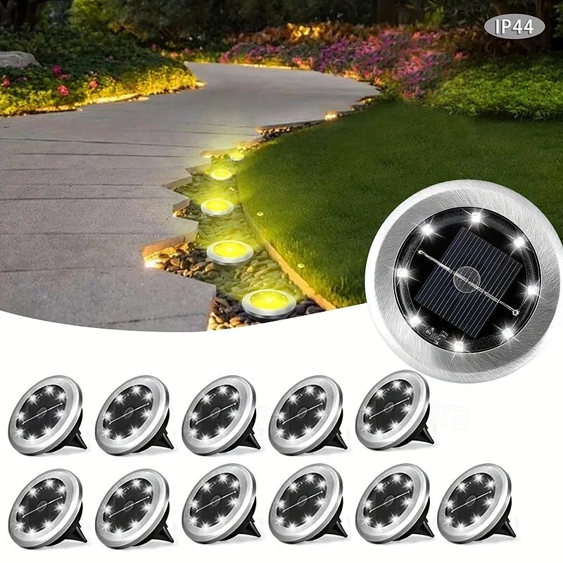 8 stuks solar grondspot geometrische lamp, roestvrij staal warm licht/wit licht buitenlandschap lamp, 8led roterende schijflamp, tuinlandschap gazonverlichting lamp, staande lamp, grondlamp, 2025 - $44.99 –P1