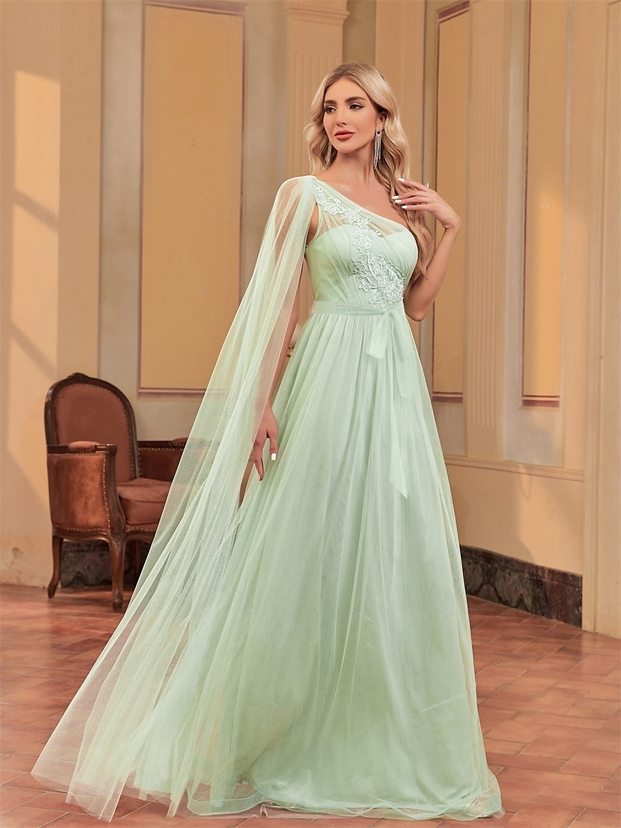 Sukienki A-line na quinceanera elegancka sukienka weselna dla gości długości do ziemi bez rękawów jedno ramię szyfonowa z aplikacjami 2025 - $113.99 –P4