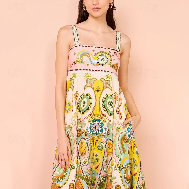 Abito midi da donna, abito floreale, abito sottoveste, abito stampato, moda, classico, per uscire all'aperto, fine settimana, vestibilità regolare, fiore, senza maniche, spalline sottili, verde, estivo del 2025 a $31.99 –P6