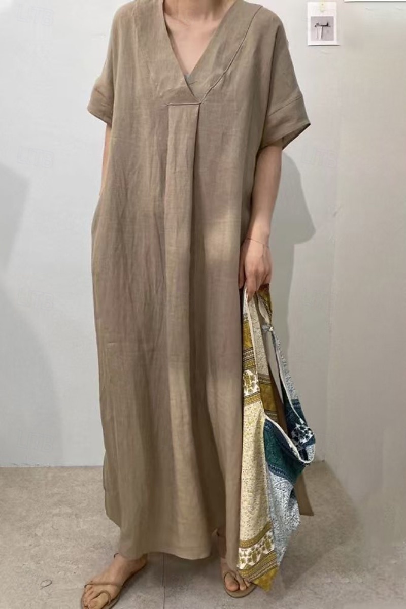 Femmes Robe Midi Robes inspirées du lin Robe en coton et lin Mode Classique Moderne Quotidien Fête Week-end Coupe régulière Uni Manche Courte Col en V Rouge Chameau Violet Vert Été de 2025 ? $32.99 –P5