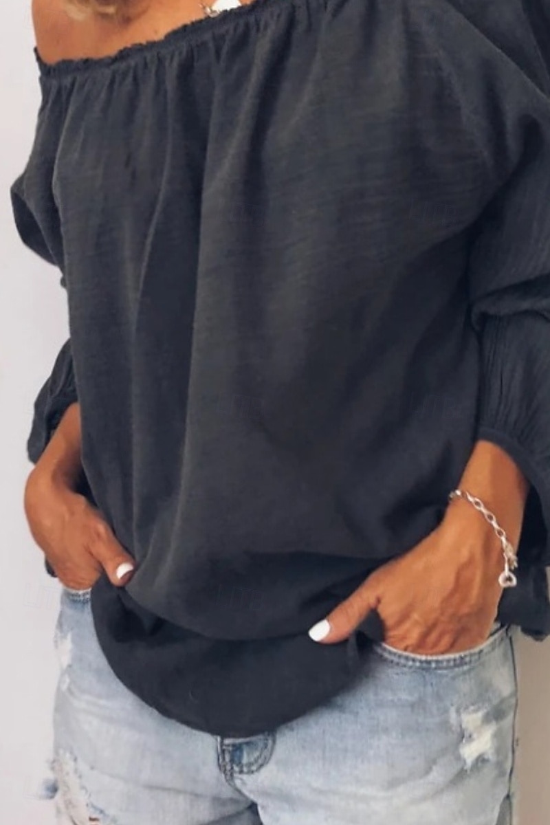 Dames Overhemd Linnen overhemd Katoenen linnen overhemden Effen Dagelijks Stijlvol Basic Lange mouw Schouderafhangend Normale tops Dagelijks Uitgaan Met ruches Zwart Wit blauw Lente 2025 - $20.99 –P4