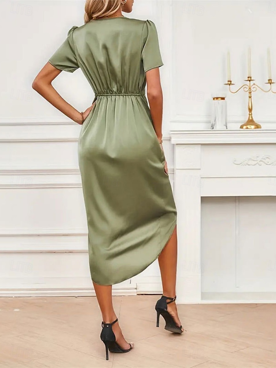 Dam Midiklänning Festklänning Cocktail klänning Satängklänning Elegant Mode Romantisk Bröllop Fest Bröllopsgäst Normal Slät Kortärmad V-hals Svart Champagne Vin Grön Sommar 2025 - $19.99 –P2