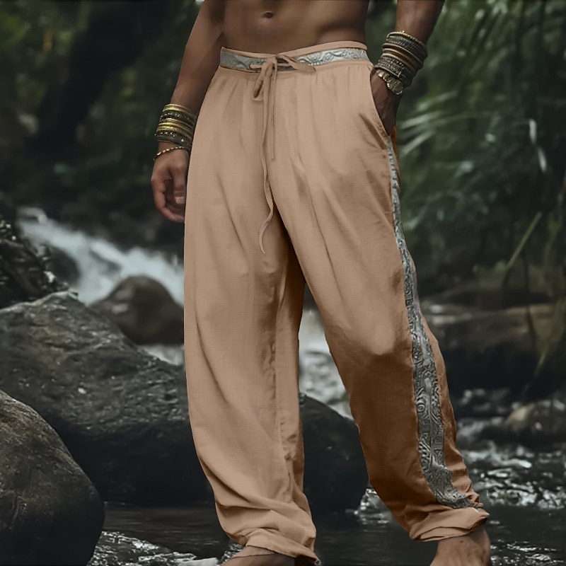 Homens Calças de linho Calças Calça verão Calças de praia Patchwork Cintura elástica Com Cordão Tecido Étnico Conforto Respirável Comprimento total Ao ar livre Diário Feriado Moda Retro Vintage de 2025 por $25.99 –P5