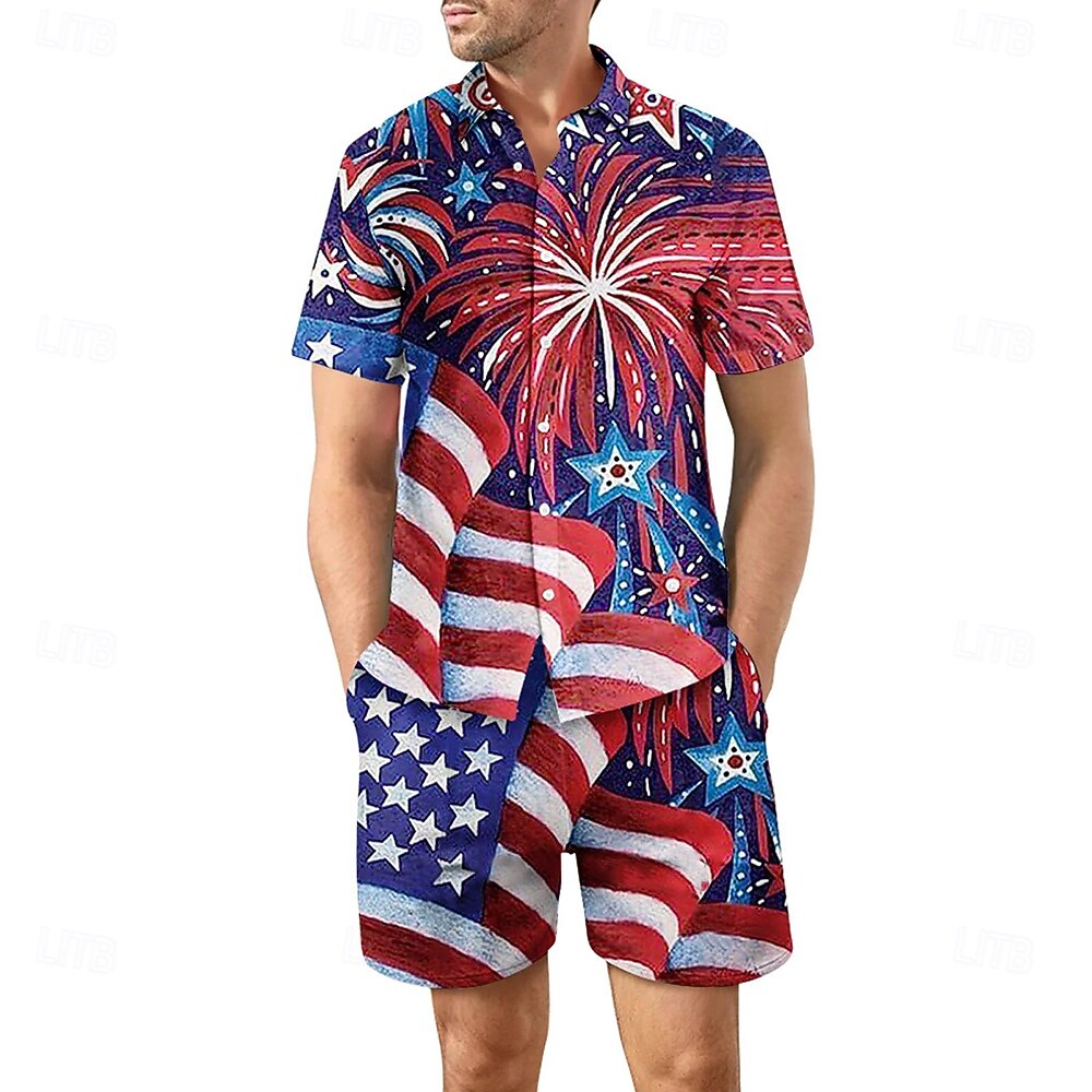 Amerikanischer Unabhängigkeitstag Herren Amerikanische US-Flagge 2St Hemden-Sets Hemd Set Kurzarm Kurze Hosen Umlegekragen Lässig Outdoor Lässig Täglich 3D-Druck Sommer Rote 2026 - $40.99 –P1