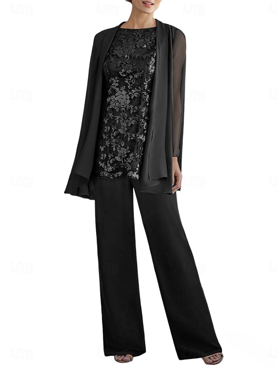 Dreiteilig Hosenanzug Brautmutterkleid Elegant Rundhalsausschnitt Bodenlang Polyester Langarm mit Perlenstickerei 2025 2025 - $99.99 –P7
