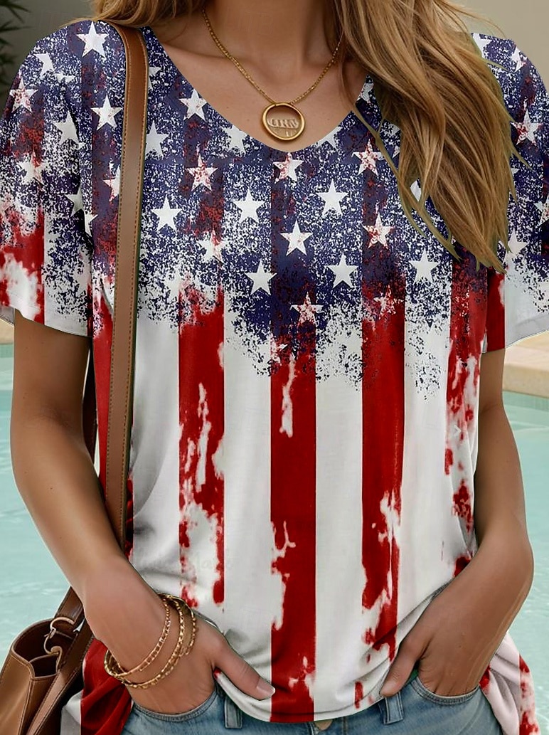 Tricou patriotic pentru femei grafic cu steagul american elegant casual roșu alb și albastru cu mânecă scurtă guler rotund topuri normale printuri zilnice de weekend vin vară primăvară 2025 - $19.99 –P3