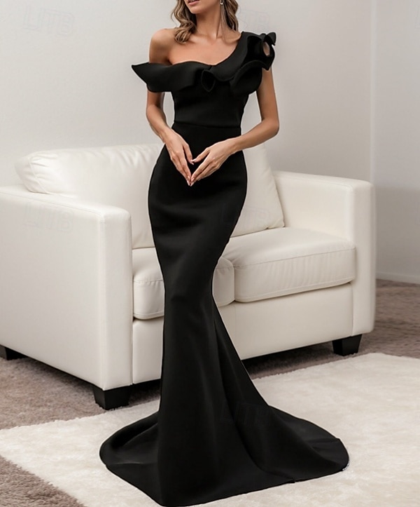Robe de soirée Sirène  Trompette Élégante Robe Gala Cravate Noire Anniversaire Traîne de cour Manches courtes Une épaule Robe de demoiselle d'honneur Satin d'Italie Dos en échelle avec volants de 2025 ? $143.99 –P1