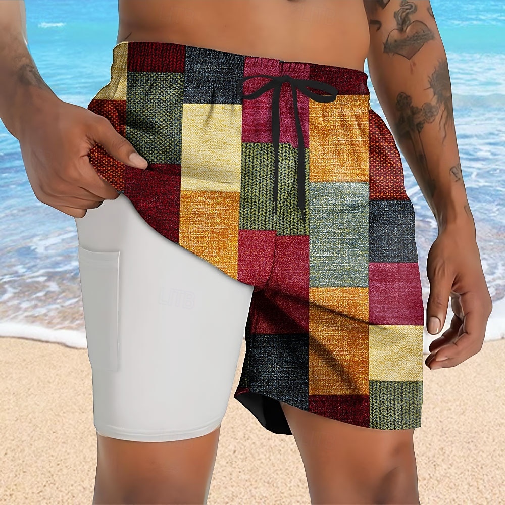 Муж. Контрастных цветов Пэчворк Шорты с подкладкой Плавки 2 в 1 Купальные шорты Нормальная Гавайский Отпуск Праздники Одежда для пляжа 2025 - $21.99 –P1