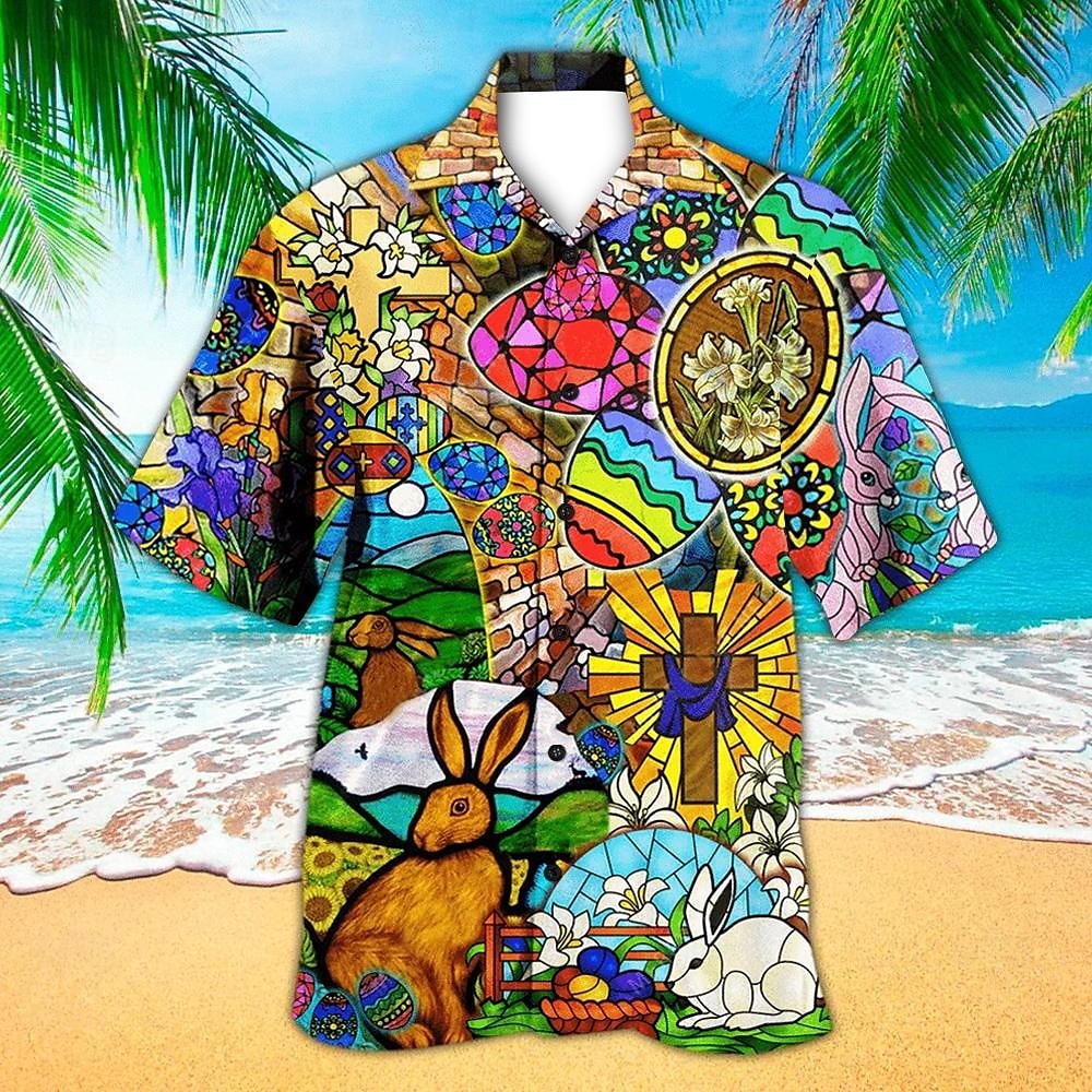 Easter Men's Bunny Templar Cross Cathedral Glass Shirt Cuban Collar Shirt Button Up Shirt Short Sleeve Vintage Retro Vacation Holiday Festival Summer Spring Camp Collar Shirt 3D Print Blue 2025 - $23.99 –P1