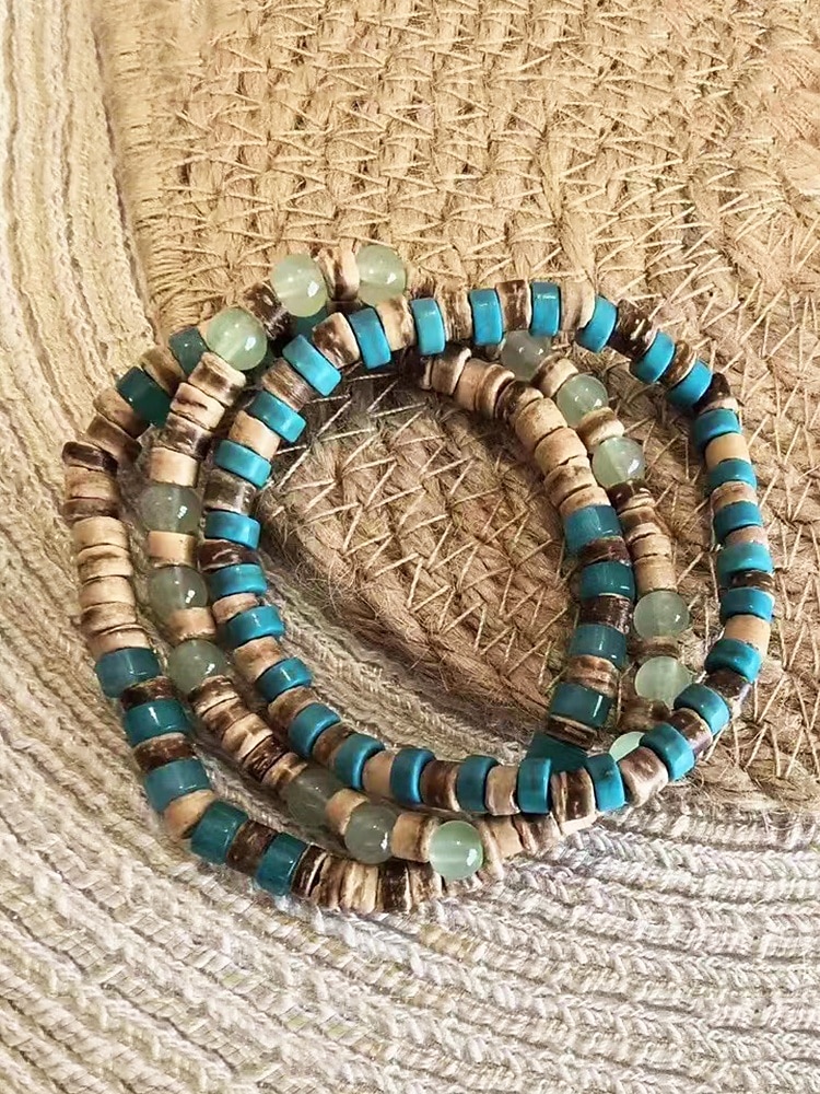 Juego de pulseras de cuentas de piedra natural hechas a mano para hombre: pulsera de madera y turquesa estilo bohemio surfista, joyería tribal ajustable para playa, viajes y ropa informal. 2025 - $9.99 –P5