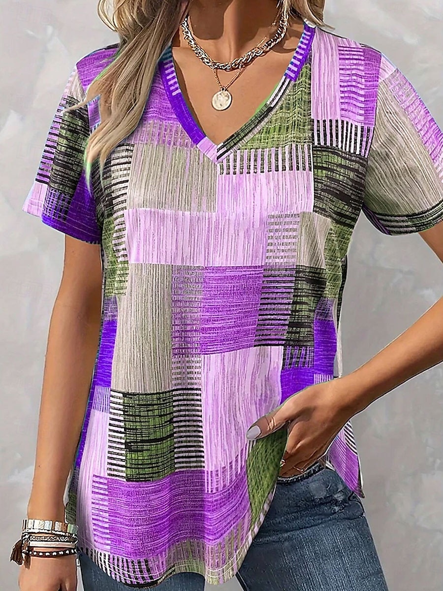 Women's Blouse Graphic Geometric Casual Short Sleeve V Neck Regular Tops Daily Print Blue Purple Orange Green Summer Spring 2025 - $19.99 –P4