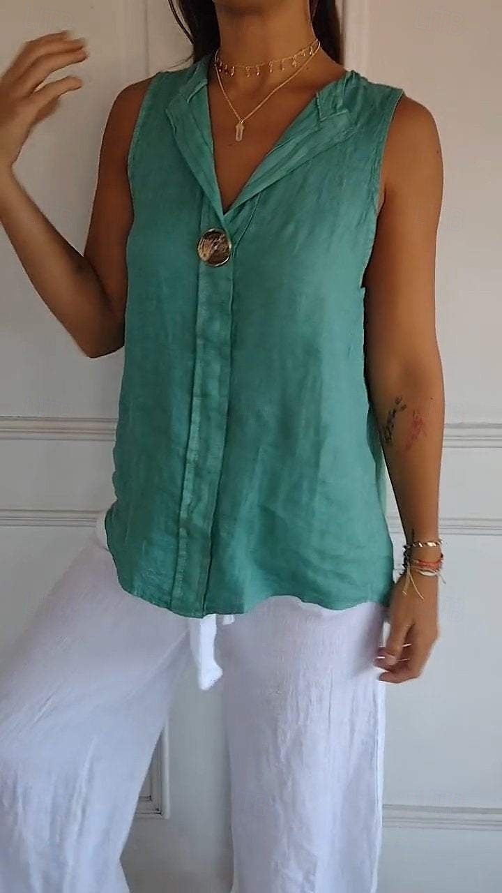 Women's Cotton Linen Shirt Blouse Solid Color Elegant Casual Sleeveless V Neck Regular Tops Daily Holiday Buttons White Navy Blue Green Khaki Summer Spring 2025 - $17.99 –P3