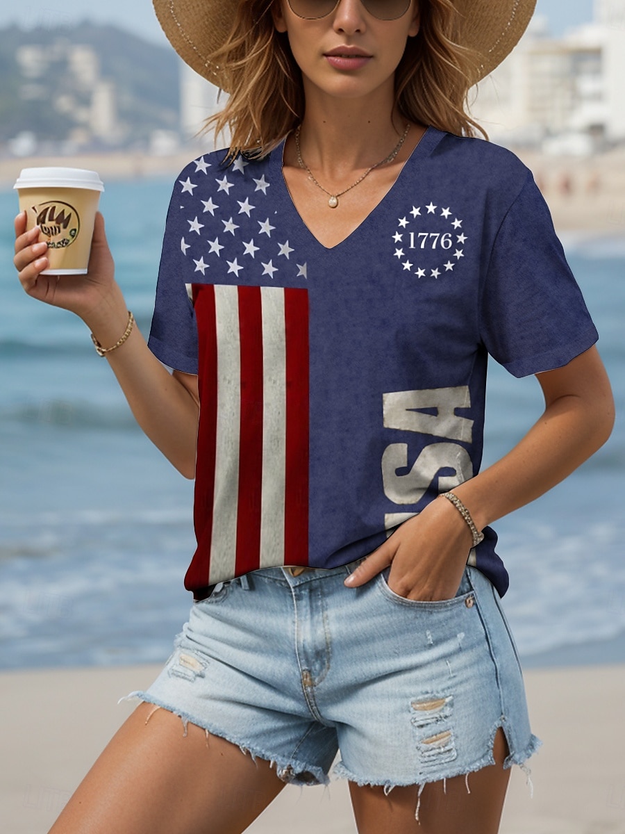 T-Shirt da Donna per il Giorno dell'Indipendenza Grafica Bandiera Lettera Casual Maniche Corte Girocollo Top Regolari Quotidiano Stampa Nera Blu Marrone Estate Primavera del 2025 a $19.99 –P1