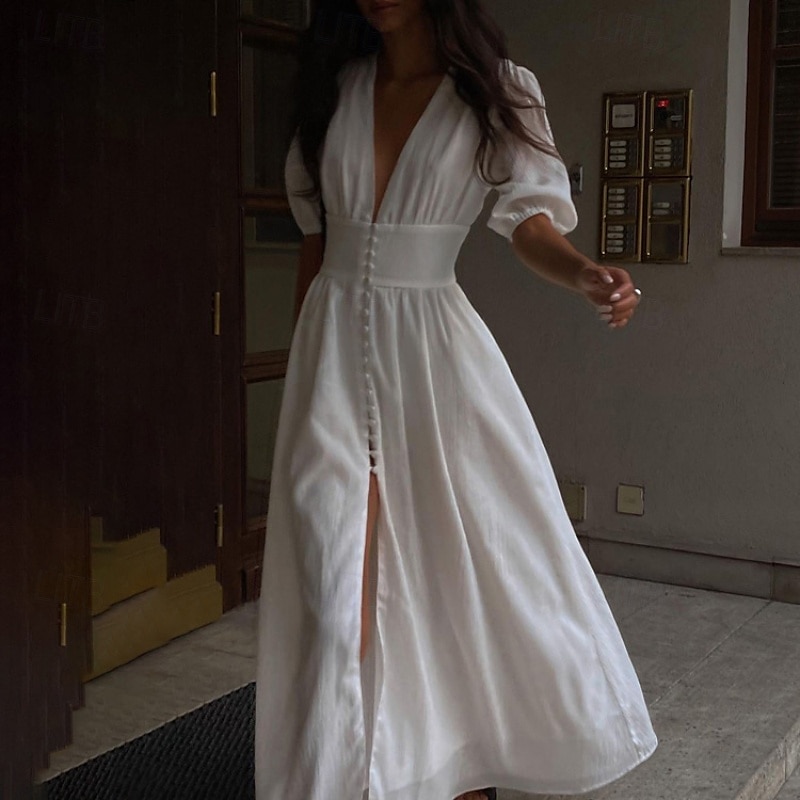 Per donna Abito Midi Abito Bianco Moda Moderno Compleanno Ferie Laurea Vestibilità regolare Semplice Manica Corta Scollo a V Nero Bianco Estate del 2025 a $34.99 –P1