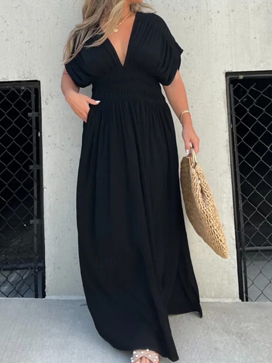 Damen Langes Kleid Maxikleid Weißes Kleid Freizeitkleid Schwingkleid Sommerkleid Mode Modern Täglich Ferien Strand Normale Passform Einfach Kurzarm V Ausschnitt Burgunderrot Marineblau Braun Aprikose 2025 - $21.99 –P9
