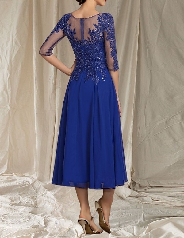 Robe de mère de la mariée en A-Line pour invitée de mariage col rond élégant longueur thé chiffon tulle manches demi-longues avec perles appliqués robe midi de 2025 ? $173.99 –P2