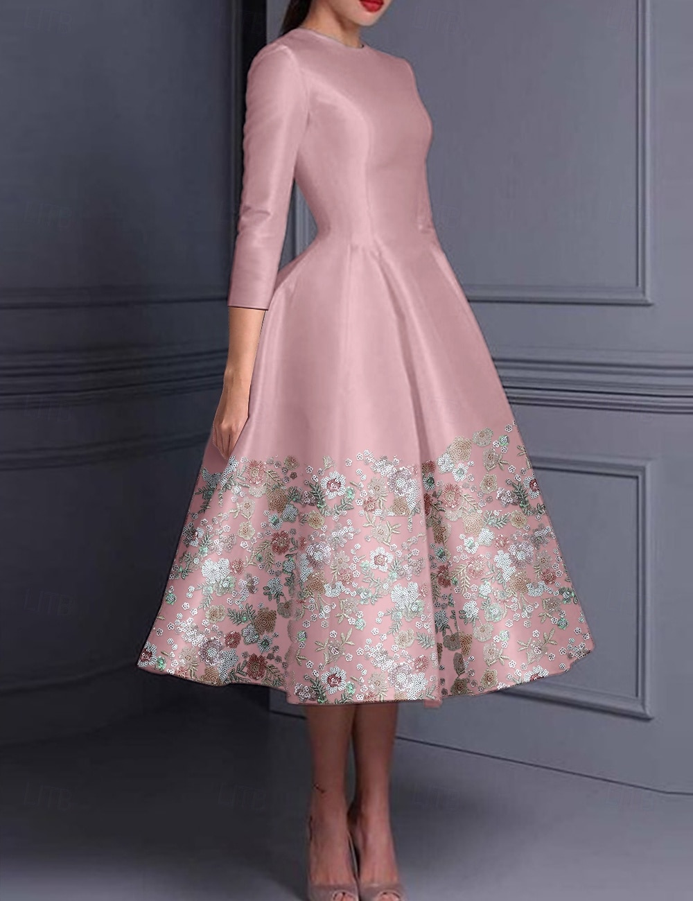 Floral Pink A-Line Cocktail Dresses Elegant Dress Formal Valentine's Day Tea Length 3/4 Length Sleeve Jewel Neck Belt / Sash Satin with Glitter Slit Embroidery 2025 - $153.99 –P5