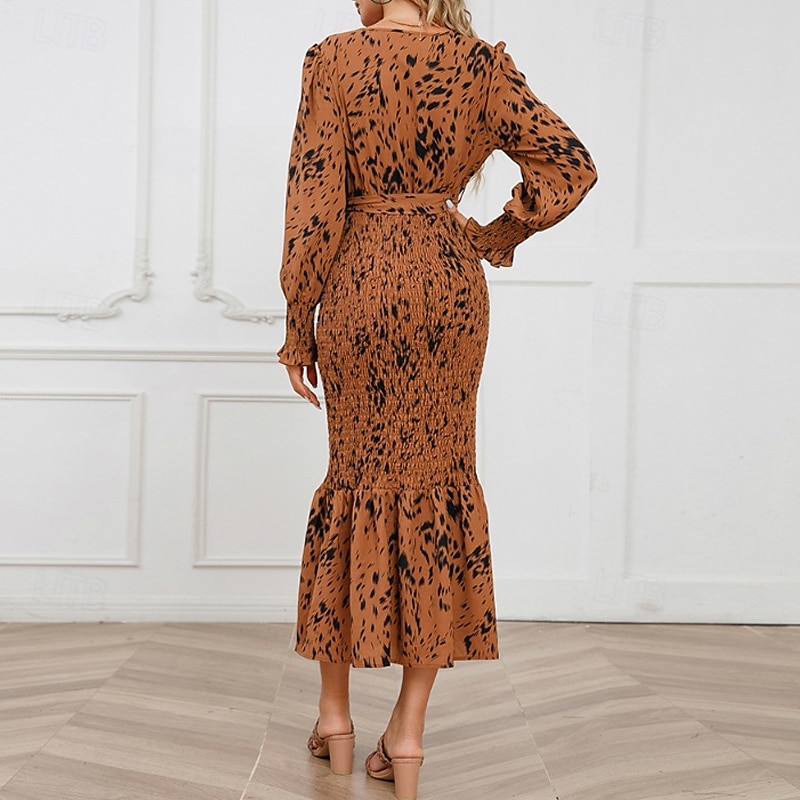 Damen Midikleid Cocktailkleid Etui-Kleid Mode Urlaub Ferien Teegesellschaft Normale Passform Leopard Langarm V Ausschnitt Schwarz Khaki Aprikose Sommer 2025 - $30.99 –P13