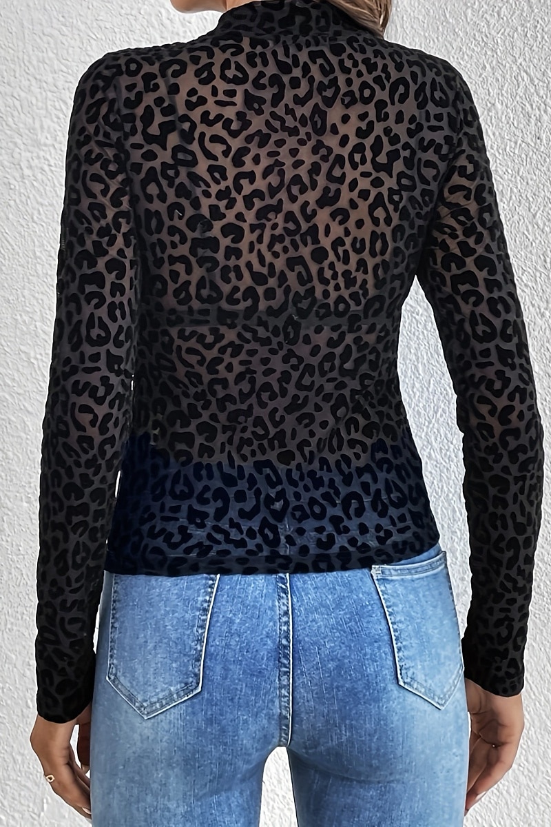Dame Skjorte Bluse Leopard Stilfull Moderne Langermet Høyhalset Vanlige topper Daglig Ferie Netting Svart Sommer 2025 - $18.49 –P5