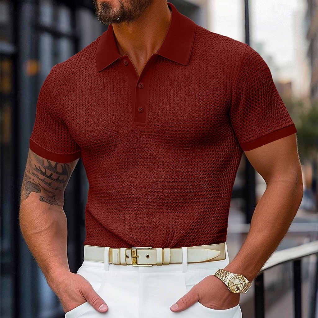Pánské Waffle Polo košile Golfová košile Ležérní Dovolená Klopa Žebrovaný polo límec Krátký rukáv Módní Základní Bez vzoru Knoflíky Měkké Léto Jaro Běžný Bílá Žlutá Bordó Trávová zelená Khaki Šedá 2025 - $22.99 –P10