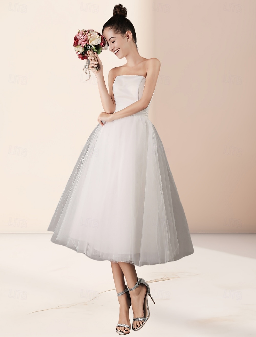 Piccoli Abiti Bianchi per Fidanzamento Abiti da Sposa A-Line Scollo a Cuore Senza Spalline Lunghezza Te Satinati Abiti da Sposa con Pieghe Colore Solido del 2025 a $132.99 –P3