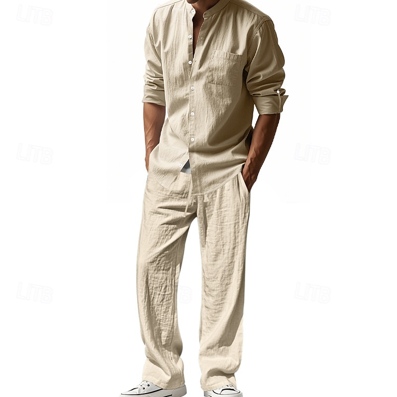 Men's T-shirt Suits Shirt and Pant Sets 2 Pieces Outfits Long Sleeve Stand Collar Summer Spring Plain Fashion Casual 2 Piece Vacation Daily Wear Going out Black White Blue Top Tee for Men 2025 - $48.99 –P1