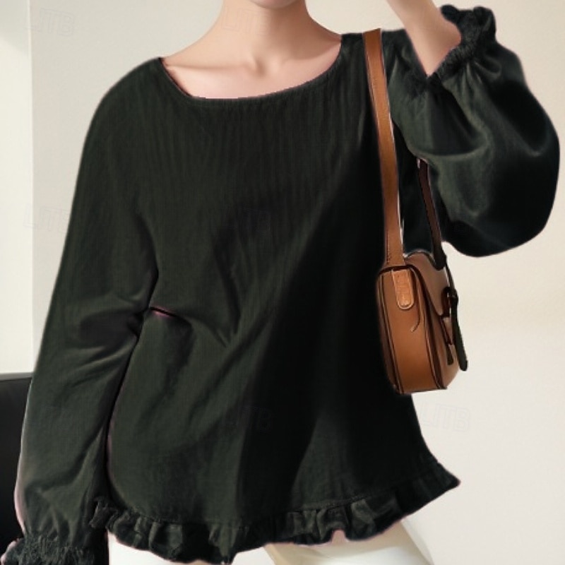 Women's Blouse Cotton Linen Shirts Plain Basic Modern Long Sleeve Square Neck Regular Tops Daily Holiday Going out Ruffle Black White Pink Army Green Navy Blue Summer 2025 - $22.99 –P11