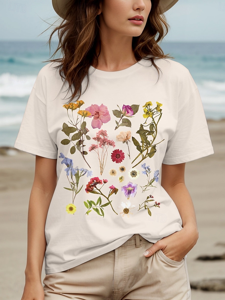 Pentru femei Tricou Cămașă din bumbac Floral Grafic Casual Manșon scurt Rotund Topuri obișnuite Zilnic Imprimeu Roz Îmbujorat Alburiu Albastru Deschis Vară 2025 - $19.99 –P4