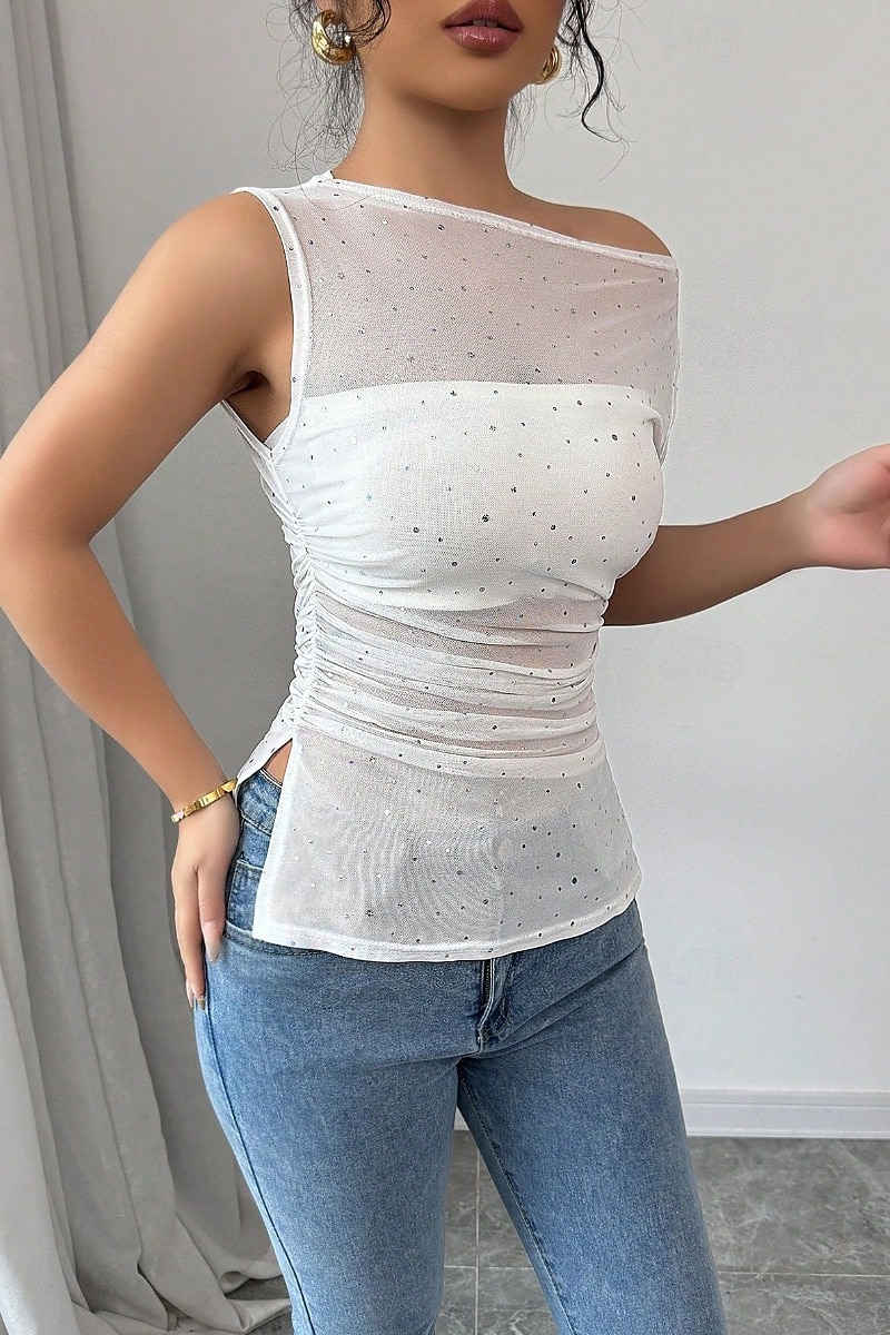 Pentru femei Bluză Simplu Modern Casual Fără manșon Stil Nautic Topuri obișnuite Zilnic Concediu Paiete Peteci Alb Vară 2025 - $19.99 –P1