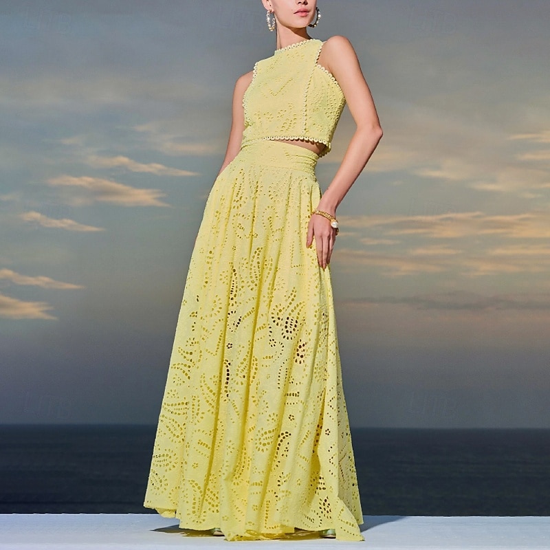 Damen kleid lang Zweiteiliges Kleid Elegant Modisch Urlaub Verabredung Ausgehen Regular Fit Glatt Ärmellos Rundhalsausschnitt Schwarz Weiß Gelb Rosa Sommer 2025 - $41.99 –P11