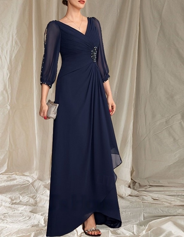 Linea ad A Abito da cerimonia per signora Ospite di nozze Elegante Scollo a V Lunghezza al pavimento Chiffon Manica 3/4 con Perline Arricciatura 2025 del 2025 a $195.99 –P5