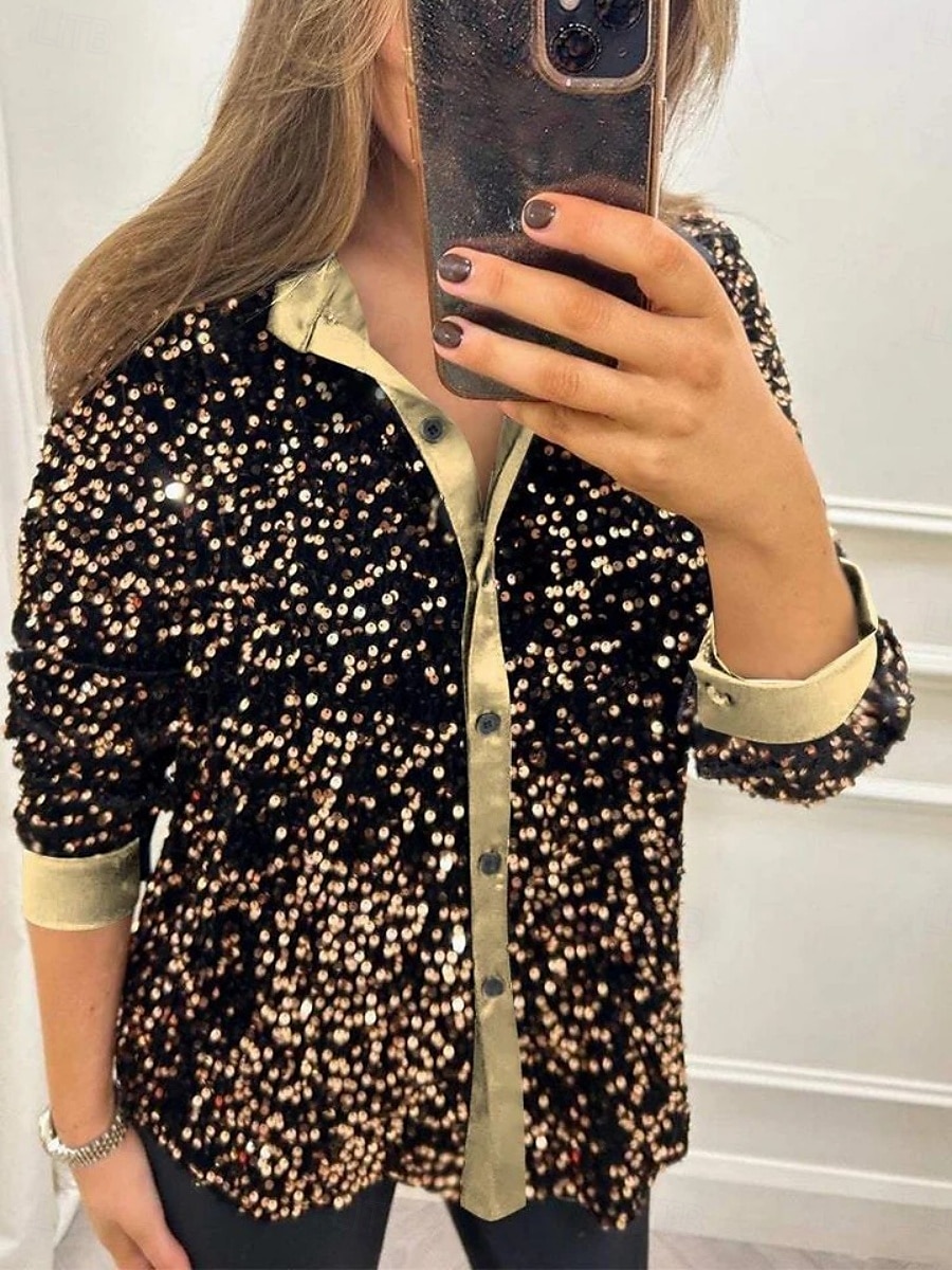 Per donna Camicia Blusa Semplice Elegante Moderno Manica Lunga Colletto a Camicia Top Regolari Quotidiano Paillettes Bottoni Tasca Nero Giallo Rosso Blu Viola Estate del 2025 a $23.99 –P6