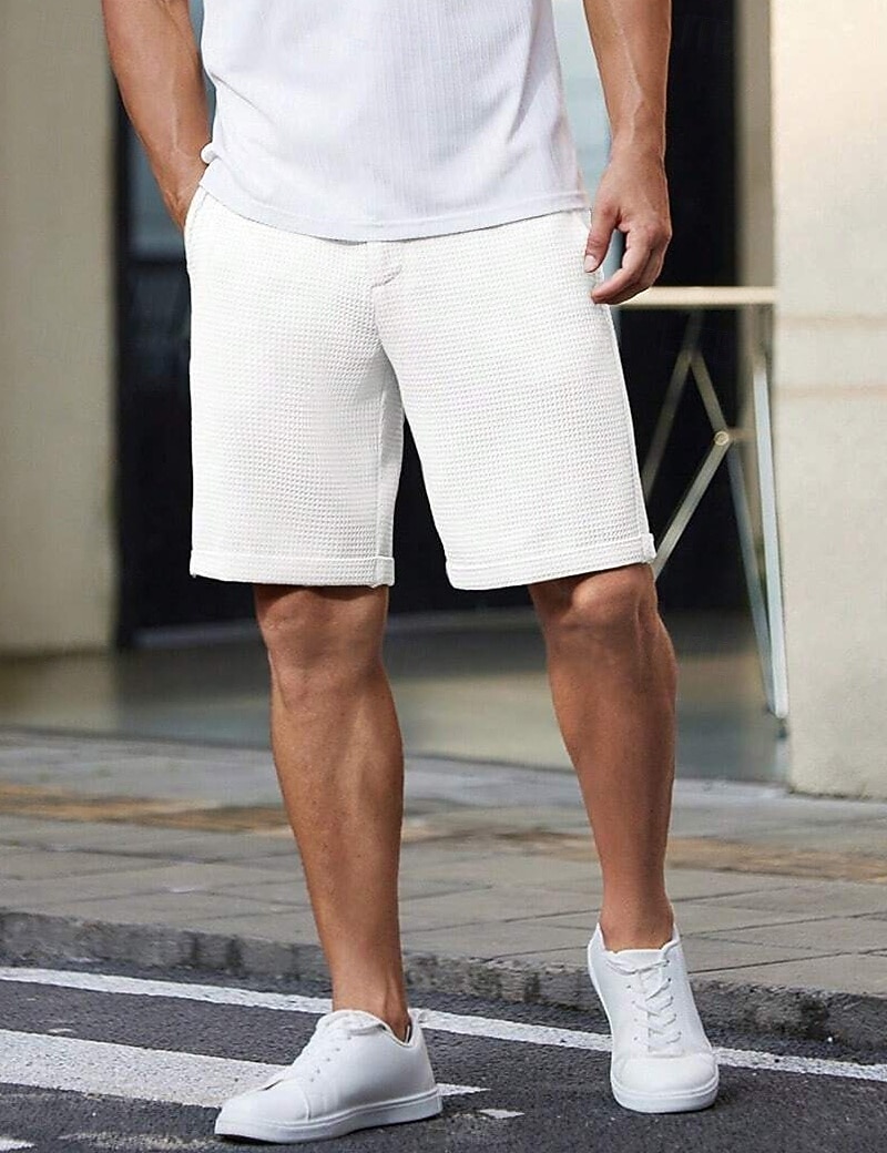 Herren Waffel-Shorts Shorts Schicke Shorts Tasche Elastischer Bund Gerader Schnitt Einfach Komfort Weich Knielang Büro Geschäft Lässig Mode Streetwear Schwarz Weiß 2026 - $22.99 –P2