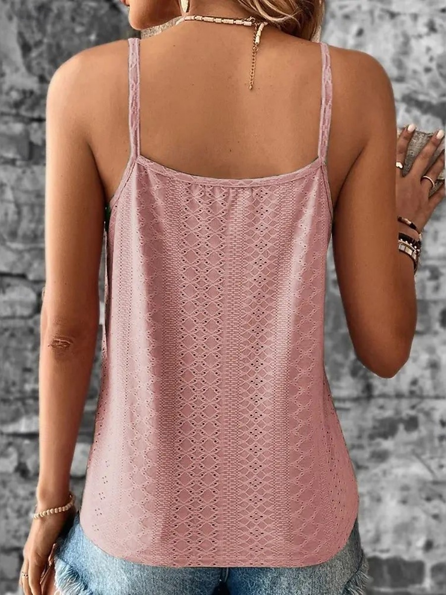 Damers linnen topp enhetlig färg grundläggande avslappnad ärmlös rem vanlig topp daglig spets patchwork vit gul rosa armégrön grå sommar vår 2025 - $19.99 –P3