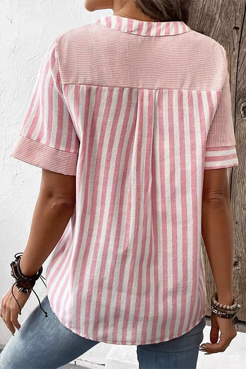 Mulheres Blusa Listrado Moderno Casual Manga Curta Decote V Tops regulares Diário Feriado Para Noite Botões Verde Claro Rosa Azul Real Verão de 2025 por $25.99 –P2