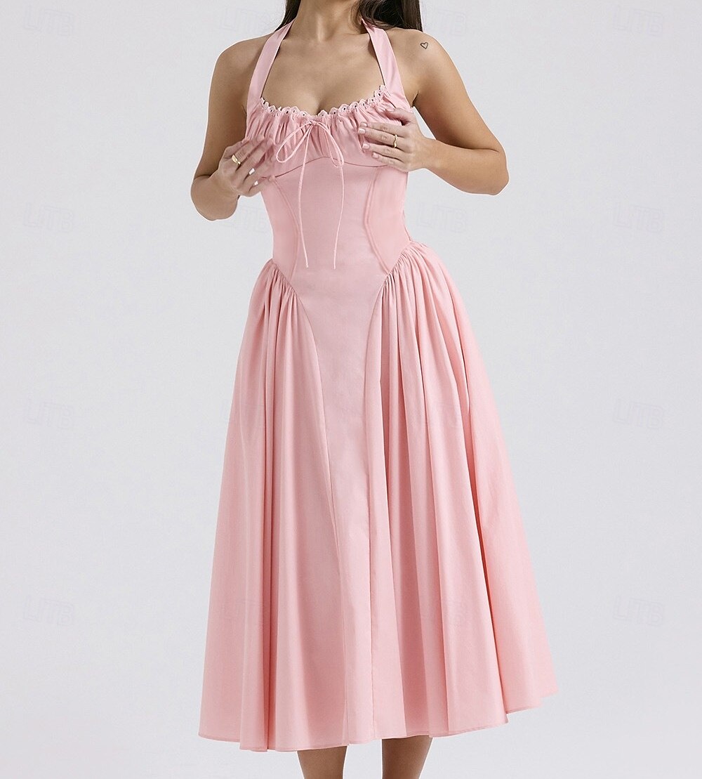 Retro Vintage Medieval Renaissance Midi Dress Flare Dress Ren Faire Halter Regency Inspired Floral Women's Masquerade Wedding Vacation Casual Daily Adults' Dress Summer 2025 - $32.99 –P17