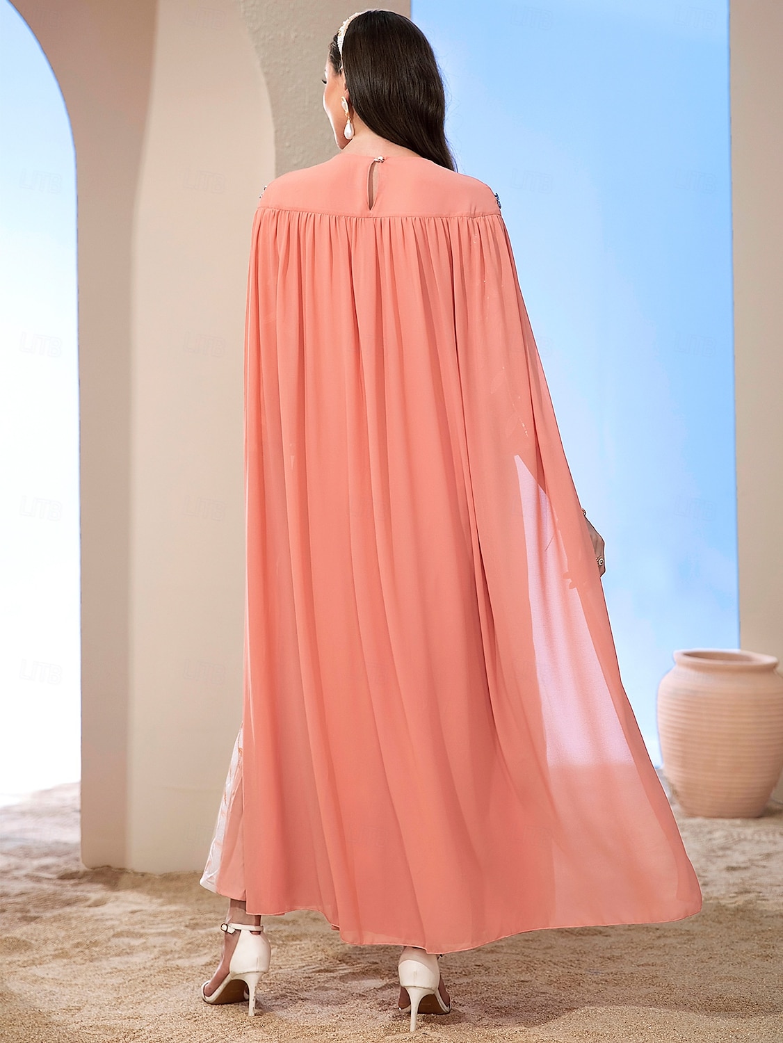 A-Line Cape Dress Mother of the Bride Dress Elegant Vintage Party Crew Neck Floor Length Chiffon Long Sleeve with Beading Embroidered Lace Applique 2025 - $99.99 –P4
