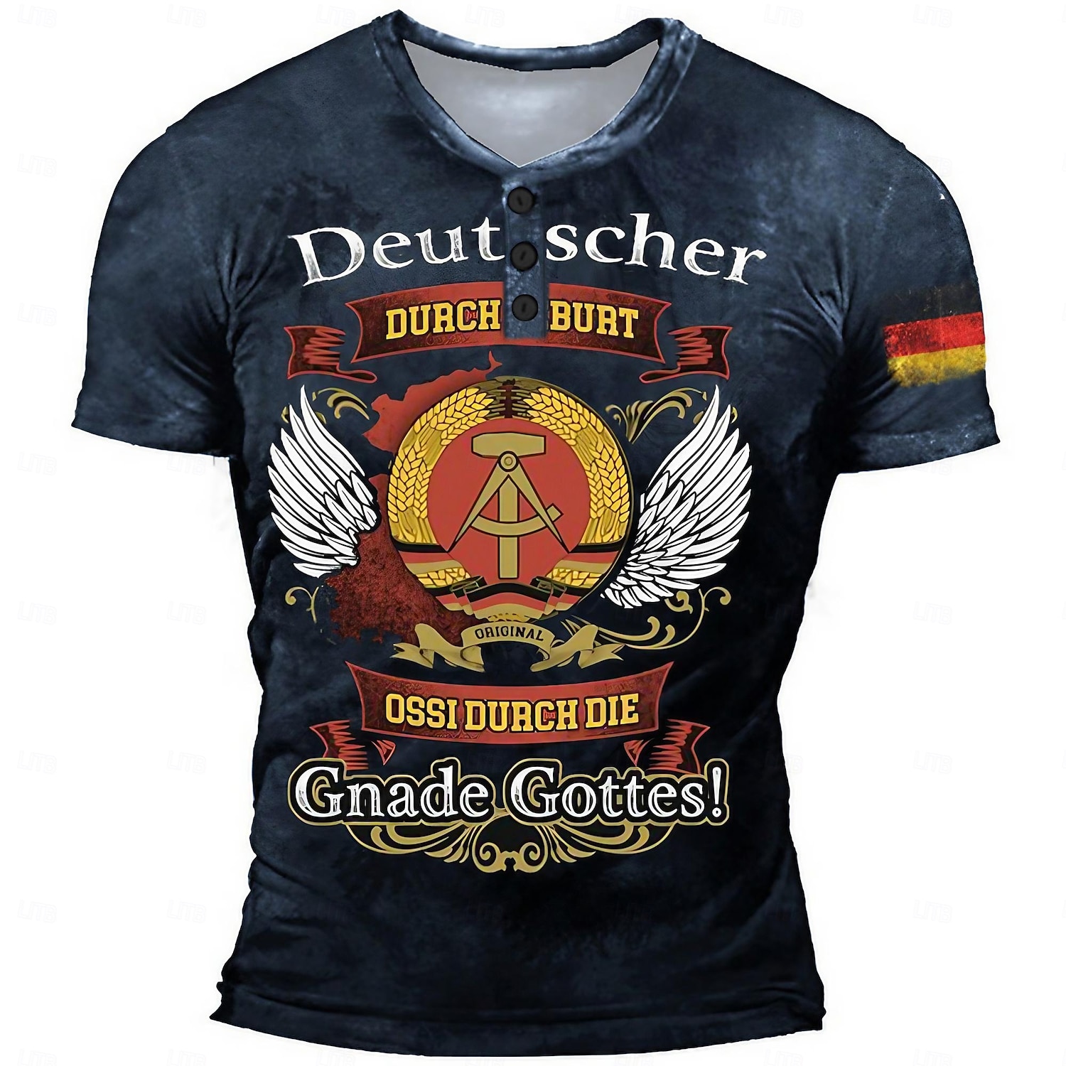 Niemiecki Szanuj Szczęśliwego Nastroju T-shirt Henley Koszulka T-shirt Graficzna Skrzydła Henley Czarna Granatowa Krótki Rękaw Plus Size Codzienne Koszule Knopf-Niedrogi Projektanta Lato 2025 - $21.99 –P2
