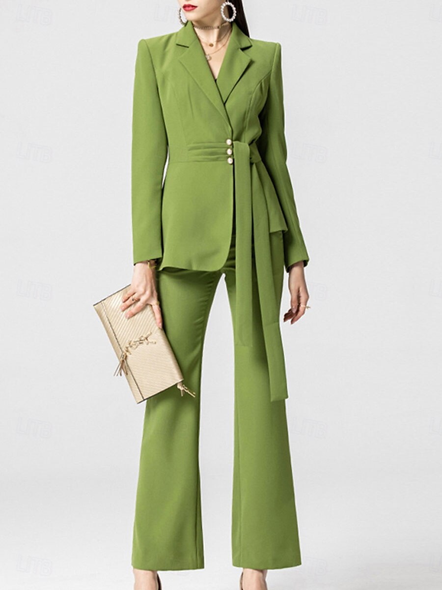 Hosenanzug Mutter der Braut Kleid Elegantes Hemdkragen Knöchellang Polyester Langarm mit Knöpfen Einfarbig 2025 - $129.99 –P1