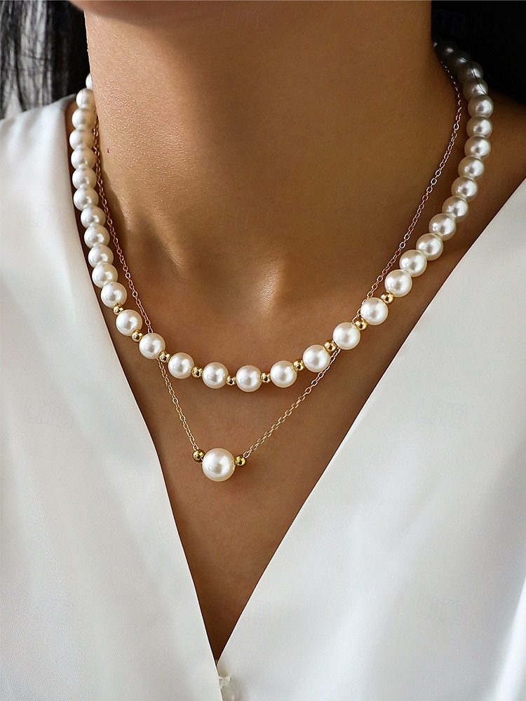 elegant lagerpärlhalsband för kvinnor – guldkedja med vita simulerade pärlor, klassiska vintagesmycken för bröllop, fester och formella evenemang 2025 - $7.99 –P2