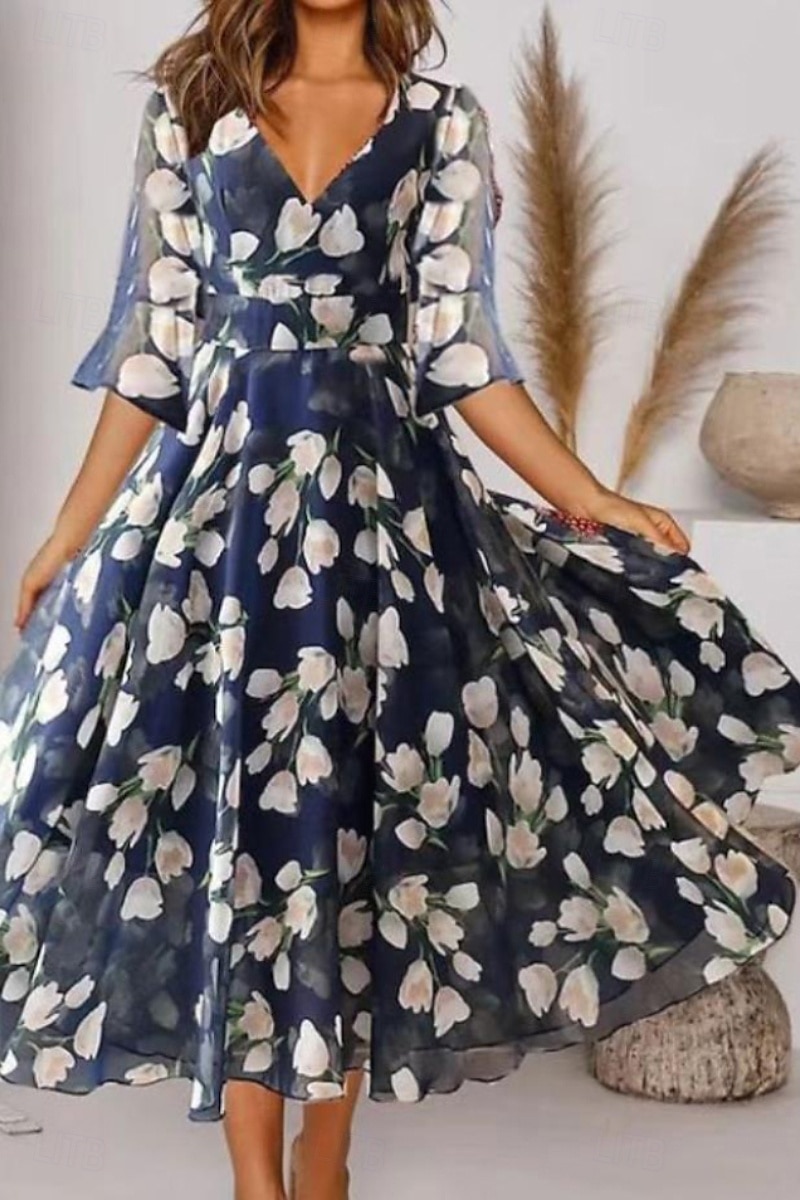 Dames Halflange jurk Swingjurk Jurk met print Modieus Buiten Uitgaan Weekend Normale pasvorm Bloem Halve mouw V-hals blauw Zomer 2025 - $21.99 –P1