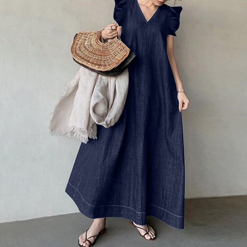 Femmes Robe Midi Robes inspirées du lin Robe en jean Robe en coton et lin Mode Classique Moderne Quotidien Sortir Plage Coupe régulière Uni Manche Courte Col en V Noir Bleu de minuit Bleu clair Été de 2025 ? $28.99 –P2