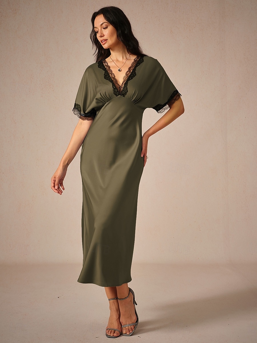 Femme Robe Maxi Robe Fourreau Elégant mode Mariage Soirée du quotidien Standard Couleur unie Manche Courte Col V Olive Eté de 2025 ? $49.99 –P3