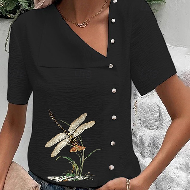 Women's Blouse Cotton Linen Shirts Flower Basic Casual Short Sleeve Asymmetrical Regular Tops Daily Holiday Buttons Print Black Blue Green Summer 2025 - $23.99 –P4