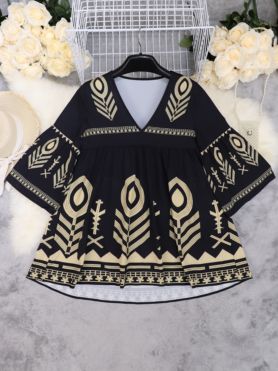 Femmes Mini Robe Robe trapèze Occasionnel Extérieur Sortir Coupe régulière Graphique Géométrique Manche 3/4 Col en V Noir Été de 2025 ? $32.99 –P9