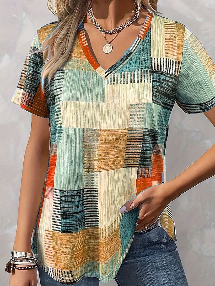 Women's Blouse Graphic Geometric Casual Short Sleeve V Neck Regular Tops Daily Print Blue Purple Orange Green Summer Spring 2025 - $19.99 –P5
