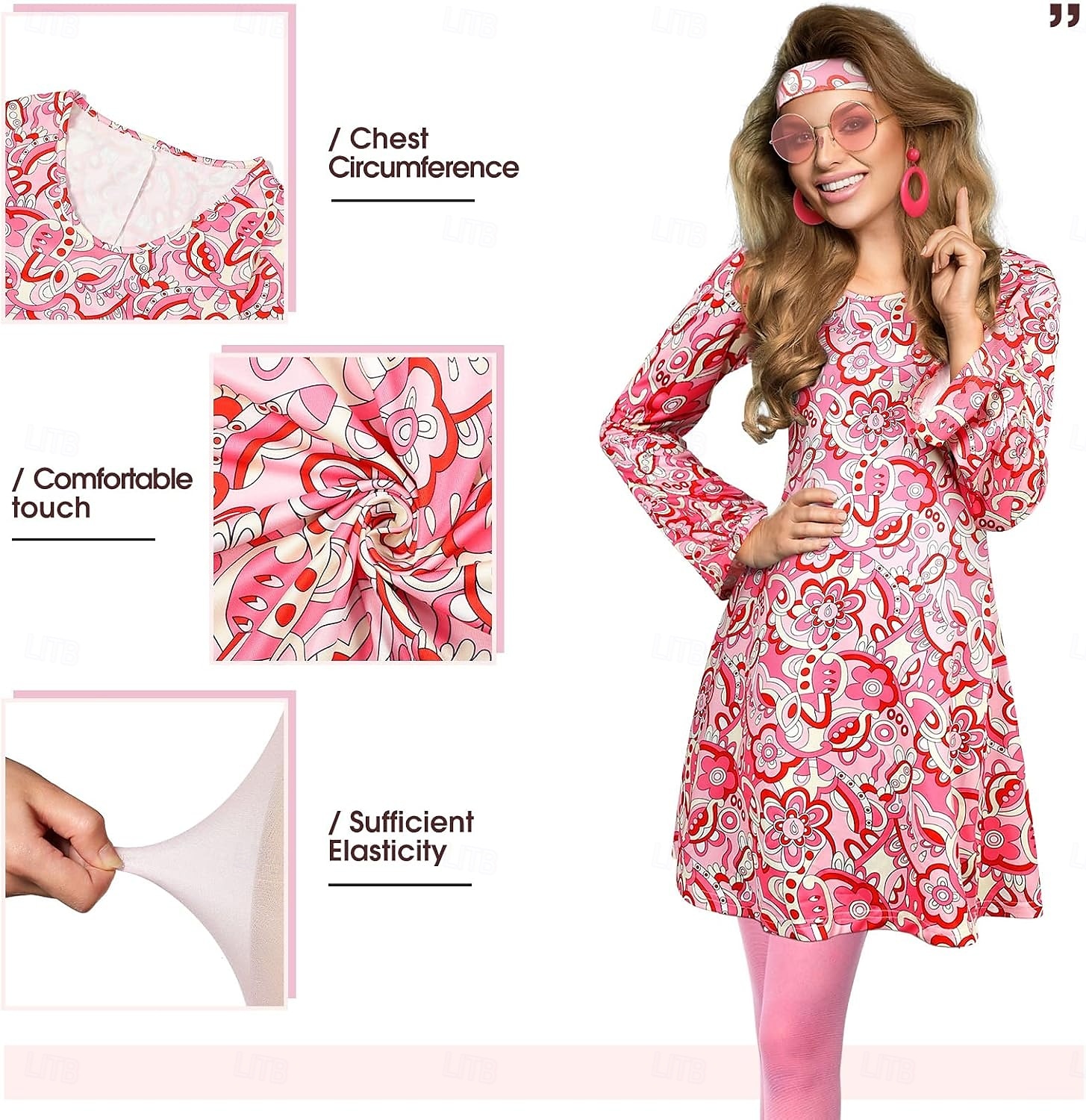 Retro / vintage 1960 luku 1970 luku Cosplay-Asut Asut Tarvikesarja Hippi Naisten Karnevaali Naamiaiset Suoritus Juhla Pride-paraati Aikuisten Leninki Korvakorut Pääpanta 2025 - $26.99 –P5