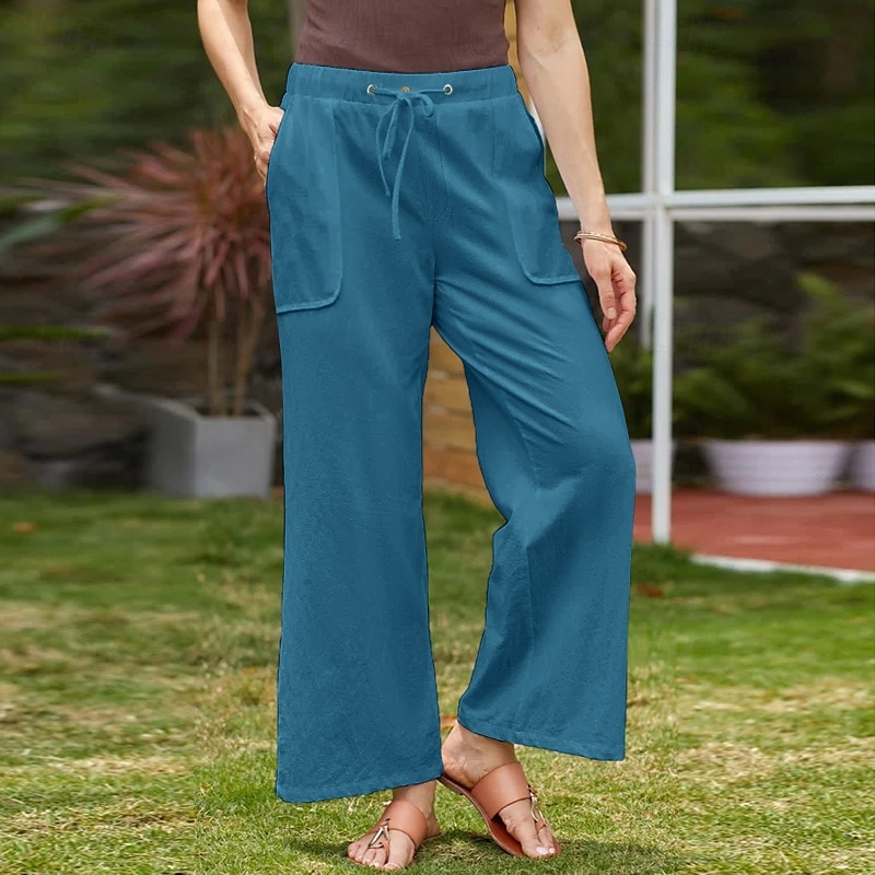 Mulheres Calças de linho de algodão Calças Simples Casual Comprimento total Natural Tecido Bolsos Design de cordão elástico Confortável Exterior Rua Roupa Diária Marron Escuro Verde Depressão Azul de de 2025 por $23.99 –P16