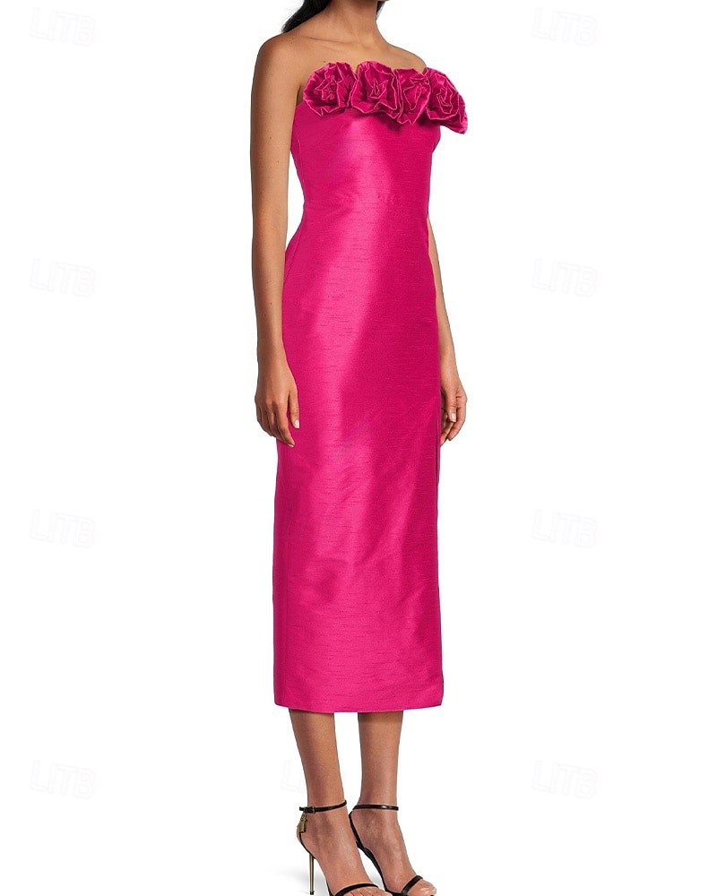 Säulen Cocktailkleider Elegantes Kleid Formelles Hochzeitskleid Tee Länge Ärmellos Off-Shoulder Rosa Kleid Satin mit Blume 2025 - $144.99 –P2