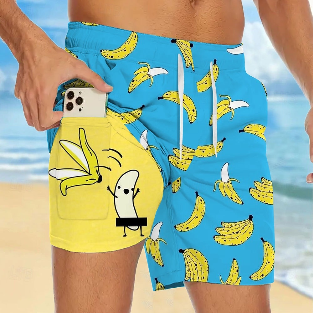 Men's Funny Banana Lined Shorts 2 in 1 Board Shorts Swim Shorts Mid Waist Hawaiian Vacation Holiday Beach Wear Side Pockets With Compression Liner Elastic Drawstring Waist Designer Clothing Apparel 2025 - $21.99 –P1